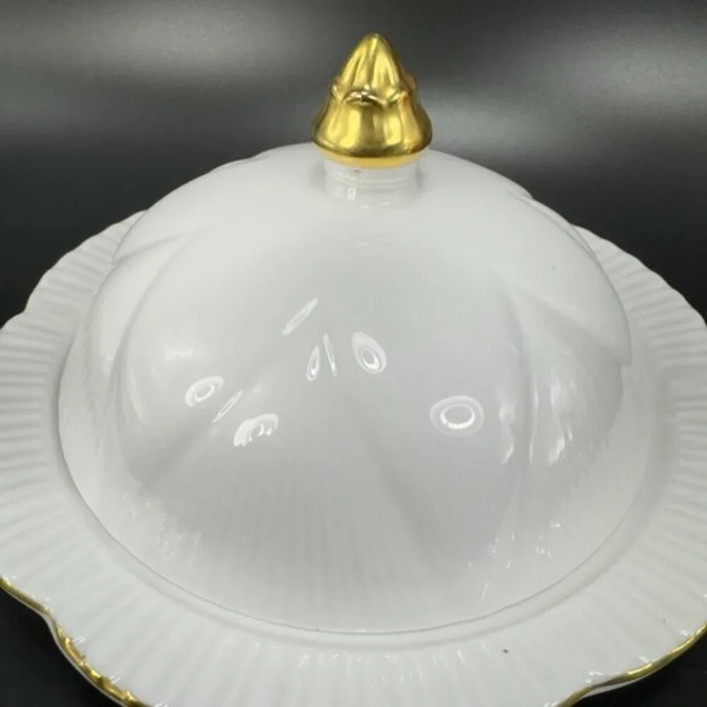 Shelley Bone China Covered Butter Dish England White With Gold Accents‎ Vintage